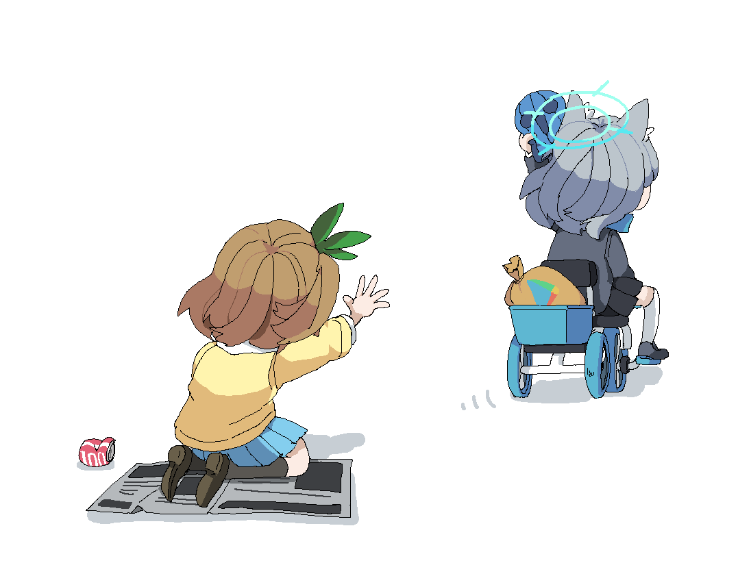 2girls, animal_ears, bag, black_socks, blue_archive, blue_skirt, brown_hair, can