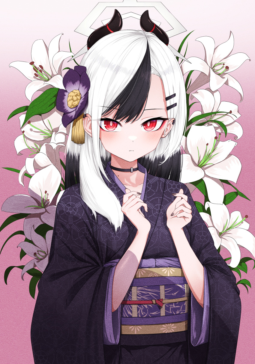 1girl, absurdres, black_choker, black_hair, blue_archive, blush, choker, demon_horns