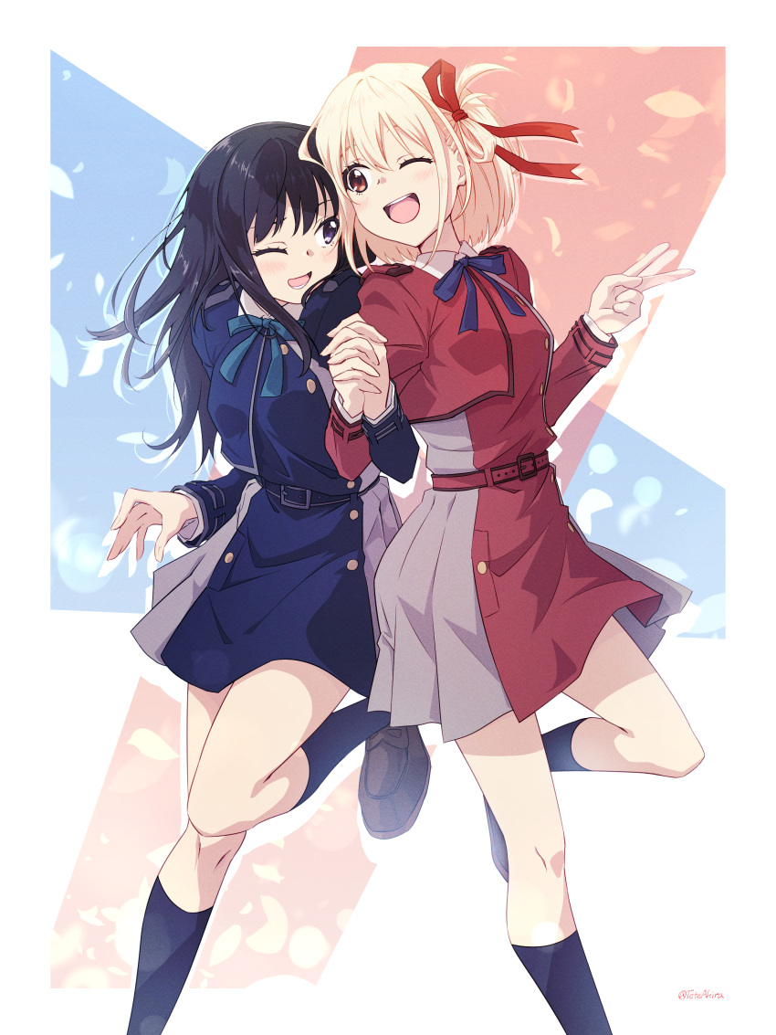 2girls, :d, ;d, absurdres, adapted_costume, akira_(tete-akira), belt, black_belt, black_hair, black_socks, blonde_hair, blue_belt, blue_dress, blue_ribbon, blue_socks, blush, bob_cut, breasts, brown_footwear, collared_shirt, commentary_request, dress, green_ribbon, grey_dress, grey_skirt, hair_between_eyes, hair_ribbon, highres, holding_hands, inoue_takina, interlocked_fingers, jacket, kneehighs, large_breasts, long_hair, long_sleeves, looking_at_another, lycoris_recoil, lycoris_uniform, medium_breasts, multiple_girls, neck_ribbon, nishikigi_chisato, one_eye_closed, open_mouth, pleated_dress, pleated_skirt, red_belt, red_dress, red_eyes, red_ribbon, red_skirt, ribbon, school_uniform, shirt, short_hair, skirt, smile, socks, standing, standing_on_one_leg, two-tone_dress, v, violet_eyes, yuri
