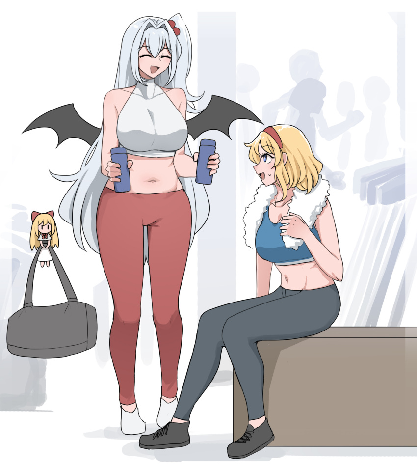 2girls, alice_margatroid, blonde_hair, blue_eyes, grey_hair, gym, hair_bobbles, hair_ornament