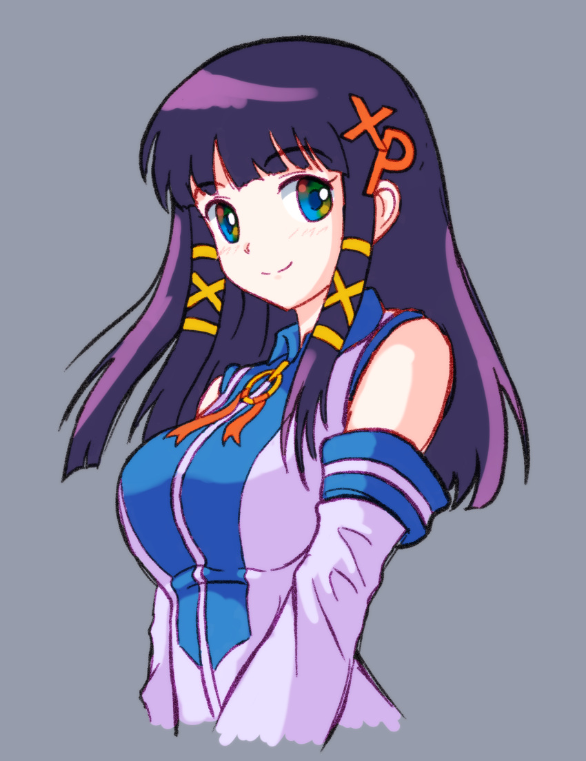 1girl, absurdres, blue_eyes, blue_pupils, breasts, closed_mouth, detached_sleeves, green_eyes, grey_background, hair_ornament, highres, large_breasts, letter_hair_ornament, long_hair, long_sleeves, multicolored_eyes, os-tan, purple_hair, red_eyes, simple_background, smile, solo, split_mouth, white_sleeves, x_hair_ornament, xp-tan, yellow_eyes, zawabug