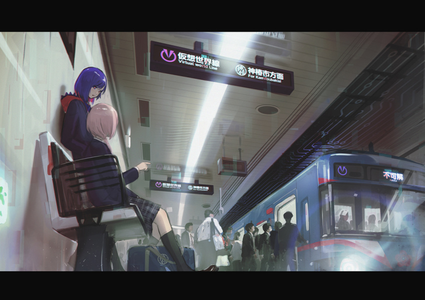 2girls, against_wall, black_jacket, black_socks, blazer, blue_hair, ceiling_light, colored_inner_hair, commentary_request, crowd, english_text, facing_another, from_below, from_side, grey_skirt, ground_vehicle, hair_over_shoulder, hands_in_pockets, hood, hooded_jacket, indoors, jacket, kaf_(kamitsubaki_studio), kamitsubaki_studio, kneehighs, letterboxed, loafers, logo, long_sleeves, looking_at_another, looking_to_the_side, low_twintails, multicolored_hair, multiple_girls, on_bench, pink_hair, plaid, plaid_skirt, pointing, redhead, reflective_ceiling, rim_(kamitsubaki_studio), school_uniform, shoes, short_hair, sitting, skirt, socks, subway, subway_station, takami_masahiro, train, twintails, virtual_youtuber