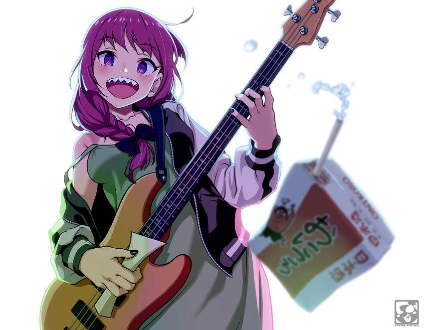 1girl, :d, @_@, alcohol_carton, bachi, bare_shoulders, bass_guitar, black_bow