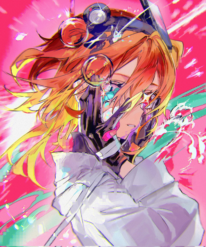 1girl, a.i._voice, abstract_background, adachi_rei, alternate_eye_color, bandaged_hand, bandages, bandaid