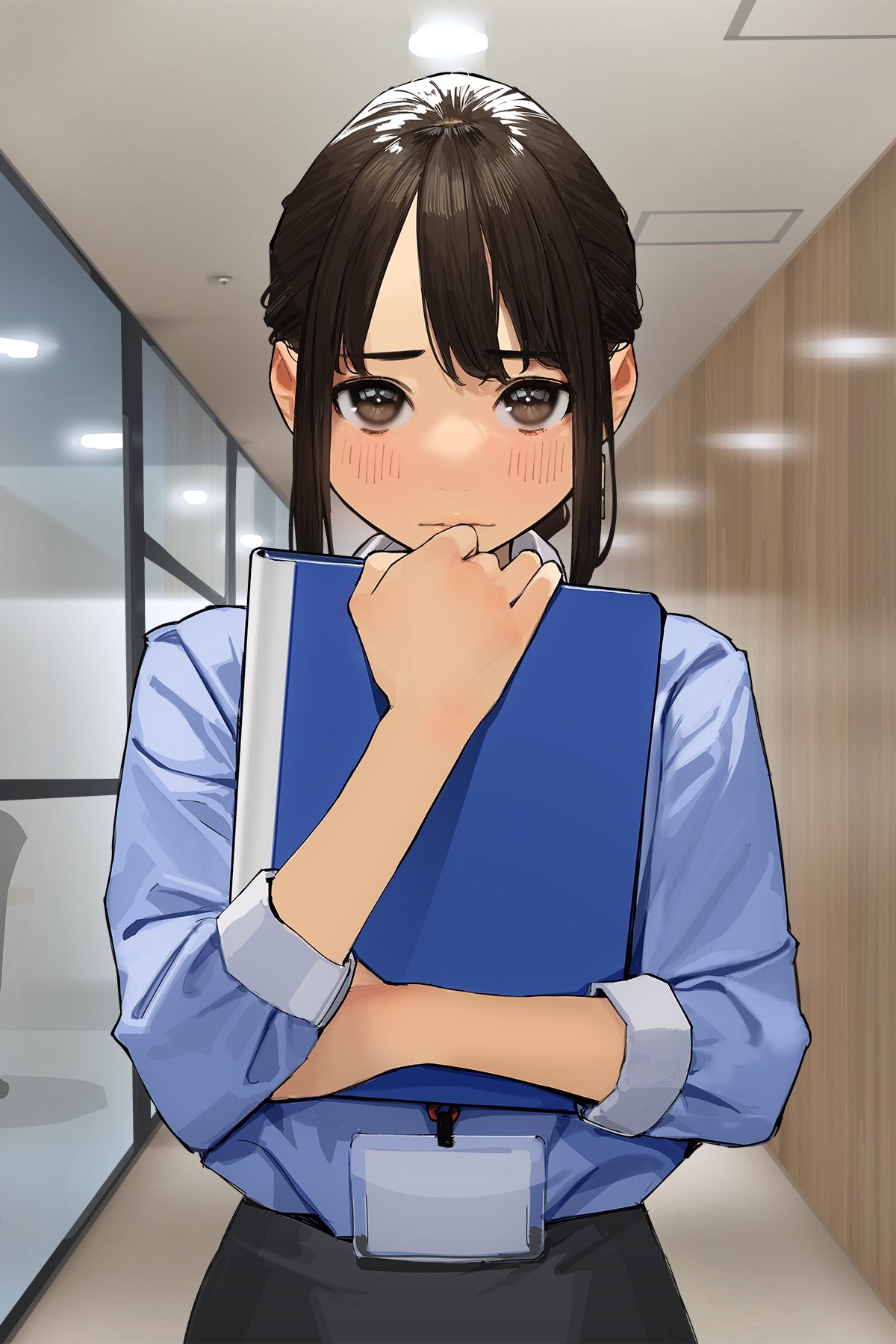 1girl, black_skirt, blue_shirt, blush, brown_eyes, brown_hair, closed_mouth, commentary_request