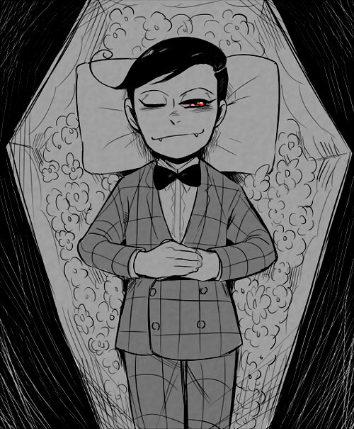 black_hair, bow, bowtie, buttons, child, coffin, dra_(osomatsu-kun), fangs