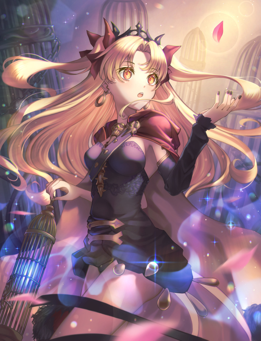 1girl, :o, absurdres, birdcage, black_dress, blonde_hair, blue_fire, blush