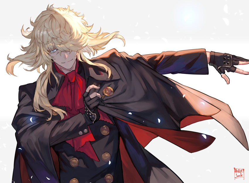 1boy, adjusting_clothes, artist_logo, artist_name, ascot, black_coat, black_gloves, blonde_hair