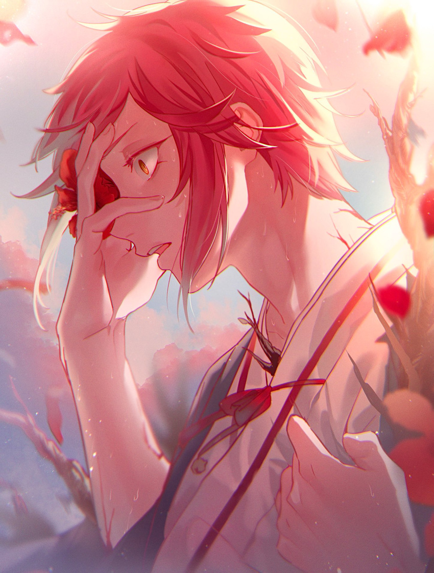 1boy, arborification, branch, falling_petals, flower, haori, highres, himari_(_h_i8)