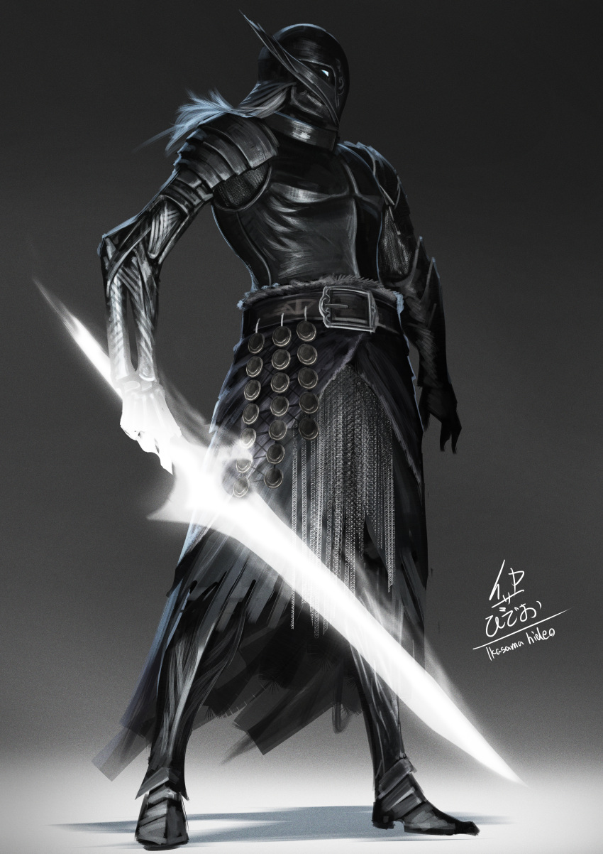 1boy, absurdres, armor, artist_name, belt, black_armor, black_footwear, full_body