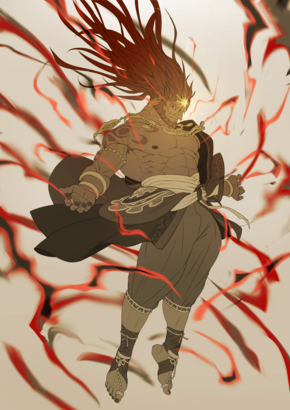 1boy, abs, asymmetrical_clothes, aura, barefoot, biceps, big_nose, black_nails