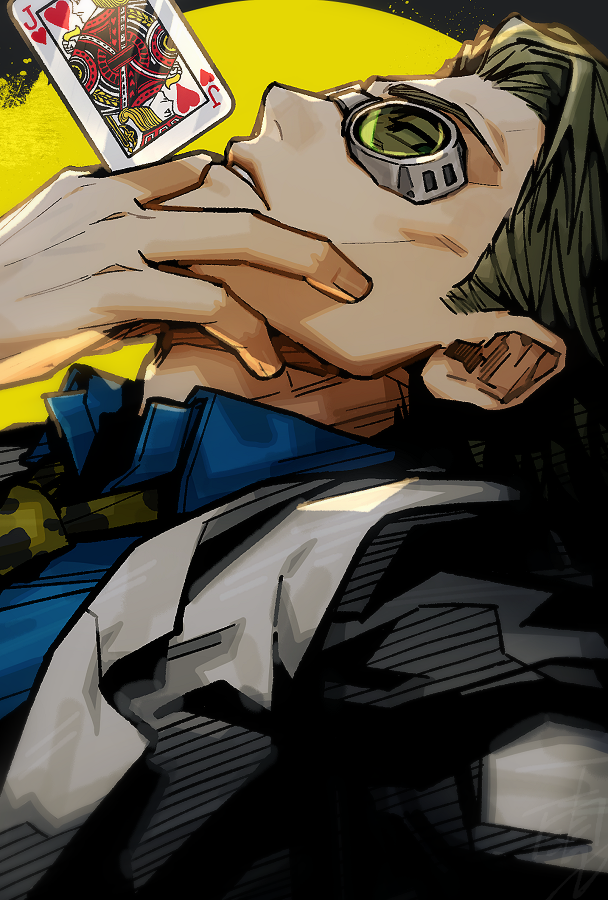 1boy, blonde_hair, blue_shirt, card, collared_shirt, formal, goggles, grey_suit