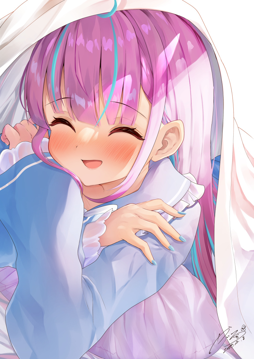 1girl, ^_^, absurdres, ahoge, alternate_costume, alternate_hairstyle, blue_hair, blue_nails