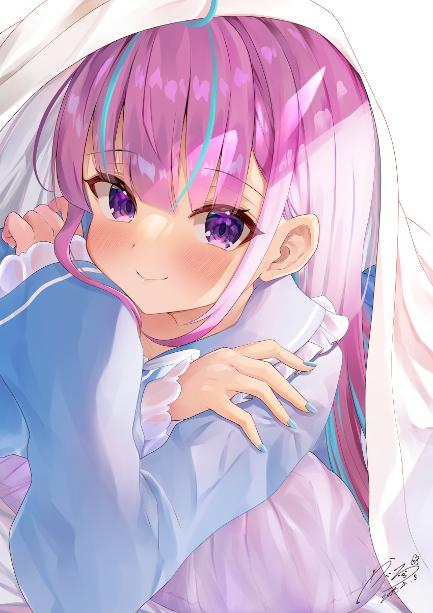 1girl, absurdres, ahoge, alternate_costume, alternate_hairstyle, blue_hair, blue_nails, blunt_bangs