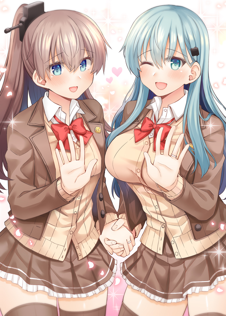 2girls, aqua_hair, blue_eyes, blush, brown_cardigan, brown_hair, brown_skirt, brown_thighhighs