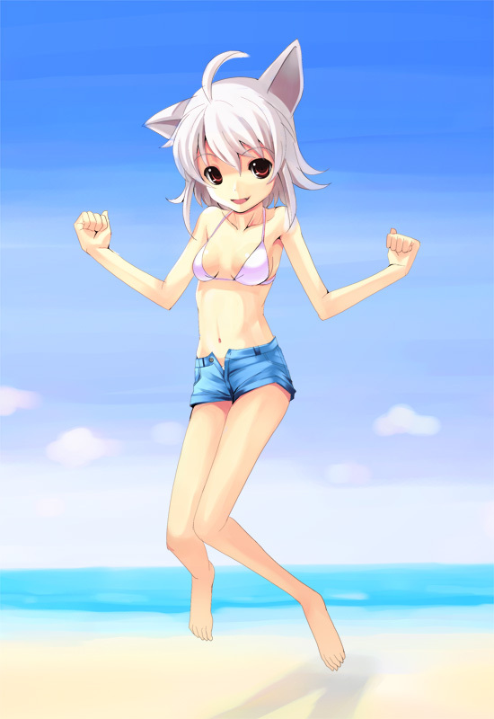 barefoot, beach, bikini, bikini_top, cat_ears, denim, denim_shorts, jumping