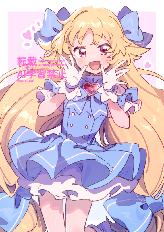 1girl, :d, blonde_hair, blue_bow, blue_bowtie, blue_dress, blush, border, bow, bowtie, buttons, collared_dress, cowboy_shot, degarashi_mana, dot_nose, dress, gem, gloves, hair_bow, hands_up, heart, heart-shaped_gem, looking_at_viewer, magia_record:_mahou_shoujo_madoka_magica_gaiden, mahou_shoujo_madoka_magica, open_mouth, outside_border, paru_rari, petticoat, pink_background, red_eyes, red_gemstone, short_dress, smile, solo, sparkle, white_border, white_gloves