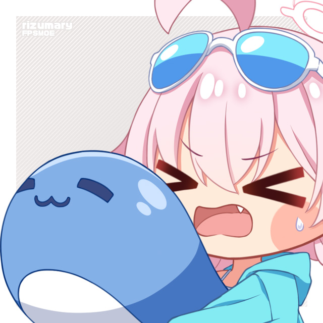 >o<, 1girl, ahoge, artist_name, blue-tinted_eyewear, blue_archive, blue_jacket, blush_stickers