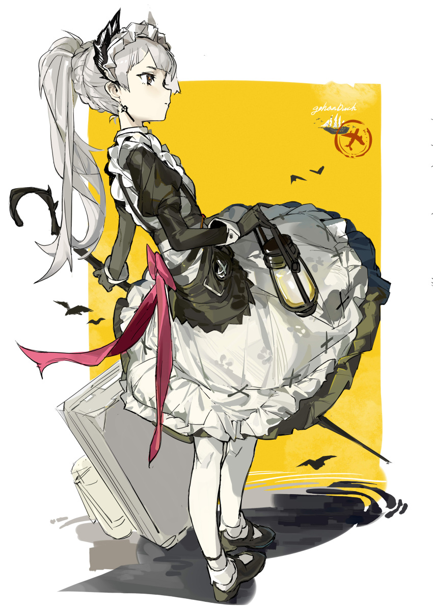 1girl, absurdres, apron, arknights, artist_name, black_dress, black_footwear, black_gloves