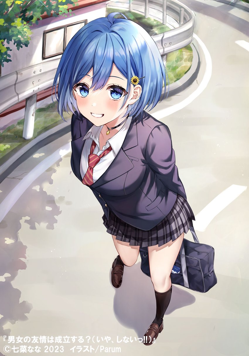 1girl, 2023, bag, blue_eyes, blue_hair, blush, breasts, copyright
