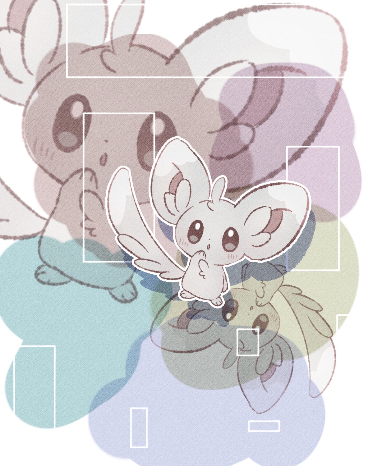 :o, animal_focus, blush, chira_(riiche573), commentary, full_body, grey_fur, hand_up, highres, minccino, no_humans, outline, parted_lips, pokemon, pokemon_(creature), symbol-only_commentary, zoom_layer