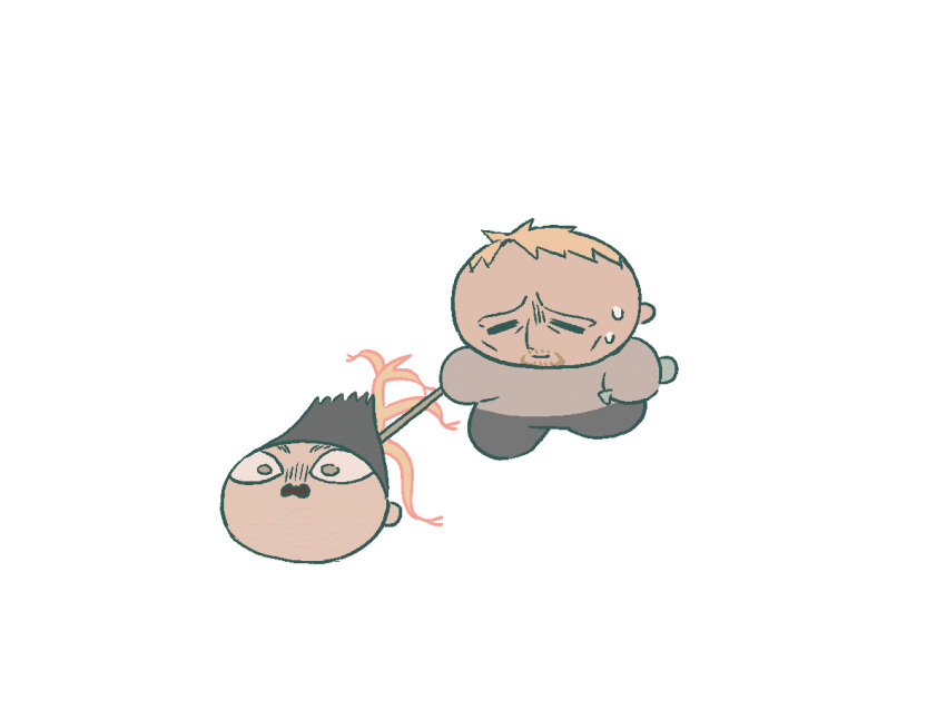 0_0, 2boys, animated, animated_gif, crawling, deformed, eren_yeager, exhausted, facial_hair, goatee, holding, long_hair, male_focus, multiple_boys, open_mouth, recending_hairline, reiner_braun, running, severed_head, shingeki_no_kyojin, short_hair, smile, spine, spine_eren, spoilers, sweatdrop, syabbal-i, turn_pale