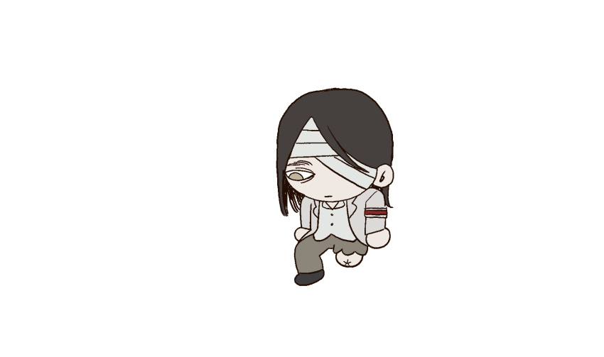 1boy, amputee, animated, animated_gif, armband, bandaged_head, bandages, chibi