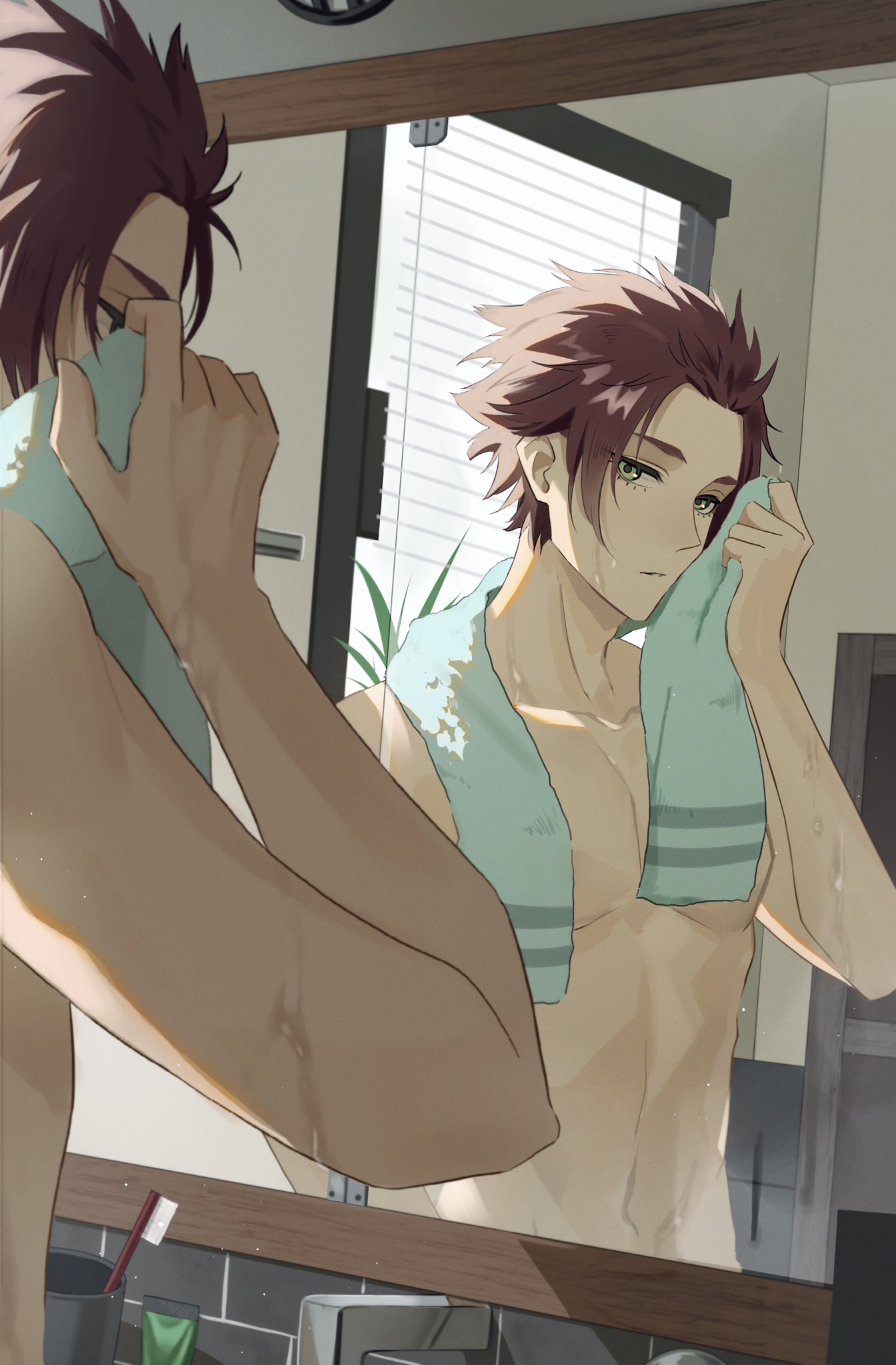 1boy, bathroom, blue_eyes, blue_lock, ciao3030, closed_mouth, cup, hand_up