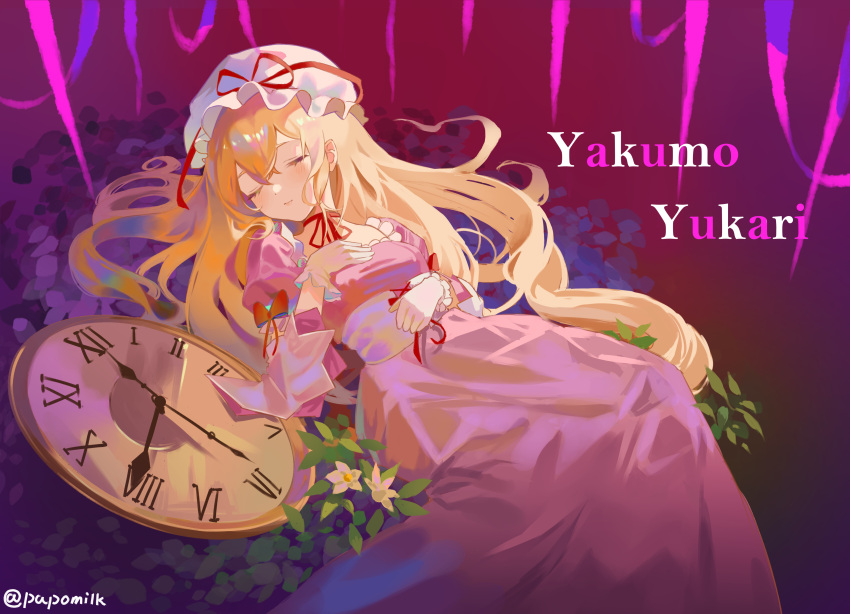 1girl, absurdres, blonde_hair, blush, character_name, clock, closed_eyes, closed_mouth