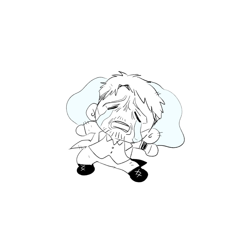 1boy, absurdres, armband, chibi, closed_eyes, crying, facial_hair, from_above