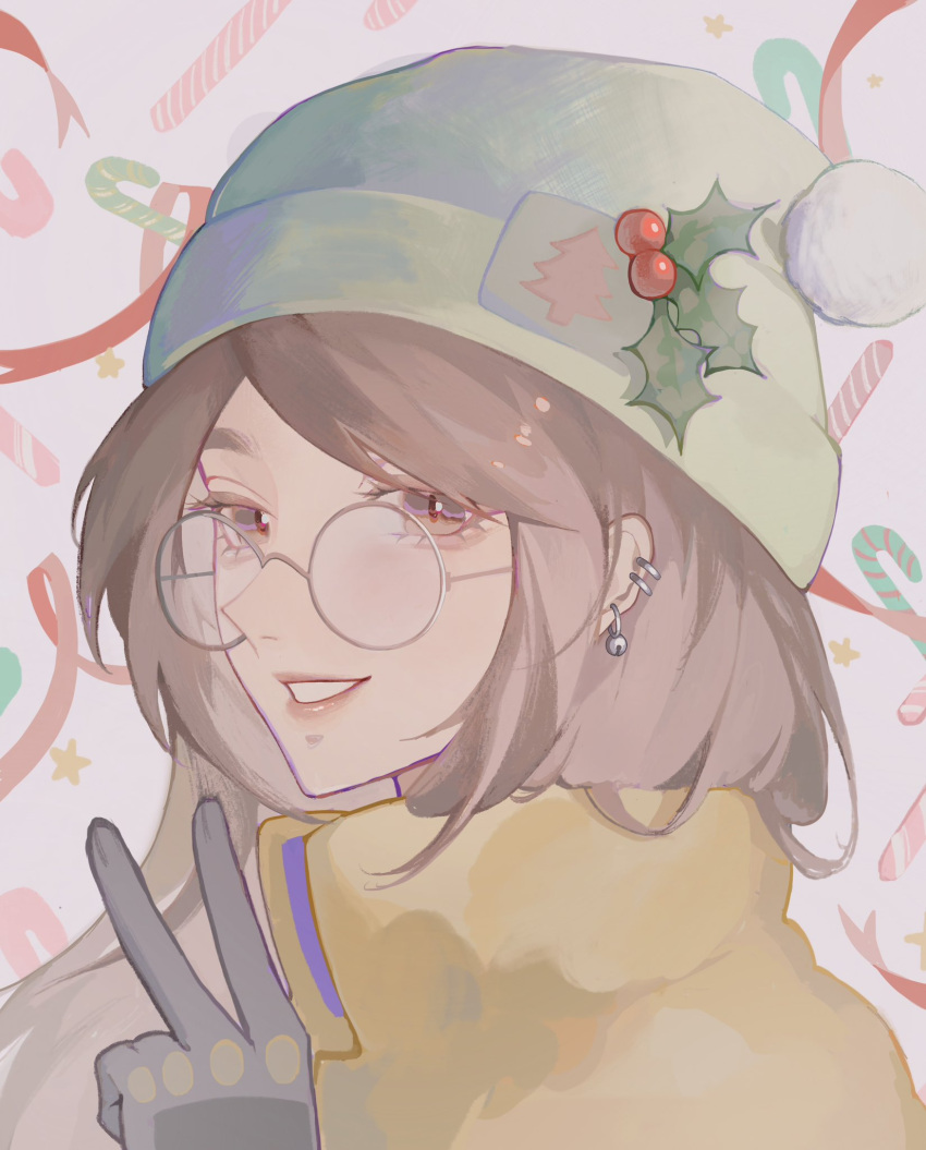 1girl, animification, beanie, black_gloves, brown_eyes, brown_hair, candy, candy_cane, christmas, ear_piercing, food, from_side, glasses, gloves, hair_behind_ear, hat, highres, holly, jacket, killjoy_(valorant), long_hair, looking_at_viewer, parted_lips, piercing, red_ribbon, ribbon, round_eyewear, smile, solo, sumi_(suumiko_), v, valorant, yellow_jacket