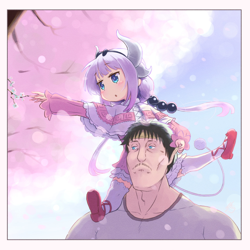 1boy, 1girl, :o, absurdres, beads, black_bow, black_hair, blue_eyes, blunt_bangs, blush, border, bow, bow_hairband, capelet, cherry_blossoms, commentary_request, dragon_girl, dragon_horns, dragon_tail, dress, facial_hair, father_and_daughter, female_child, frilled_capelet, frills, full_body, fur-trimmed_capelet, fur_trim, hair_beads, hair_ornament, hairband, hand_on_another's_ear, highres, horns, kanna_kamui, kimun_kamui, kobayashi-san_chi_no_maidragon, long_sleeves, low_twintails, mustache, open_mouth, outstretched_arm, pink_dress, puffy_long_sleeves, puffy_sleeves, purple_hair, red_footwear, shingen318, shirt, shoes, short_dress, short_hair, tail, thigh-highs, tokyo_afterschool_summoners, twintails, upper_body, white_border, white_shirt, white_thighhighs
