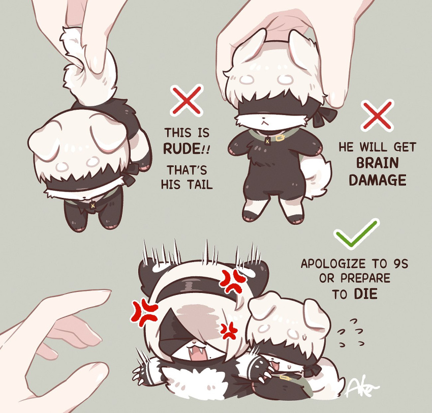 1boy, 1girl, anger_vein, animal_ears, black_blindfold, black_fur, blindfold, body_fur, cat_girl, checkmark, disembodied_limb, dog_boy, dog_ears, dog_tail, english_text, fangs, furrification, furry, furry_female, furry_male, grey_hair, highres, how_to_hold_x_(meme), looking_at_viewer, meme, miniboy, minigirl, missaka, mole, mole_under_mouth, nier:automata, nier_(series), pawpads, short_hair, tail, two-tone_fur, white_fur, x, yorha_no._2_type_b, yorha_no._9_type_s