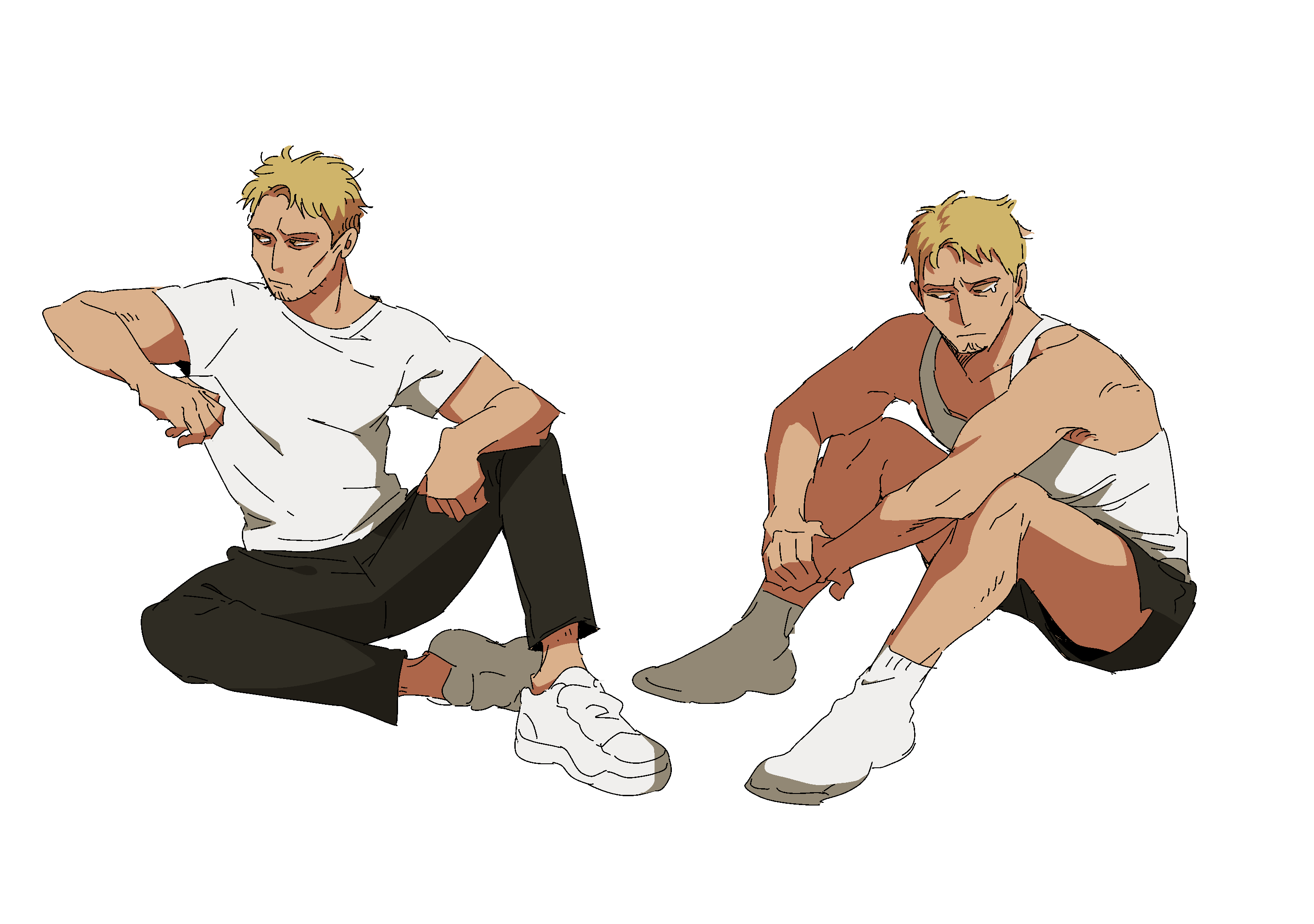 1boy, black_pants, black_shorts, blonde_hair, facial_hair, frown, goatee, highres
