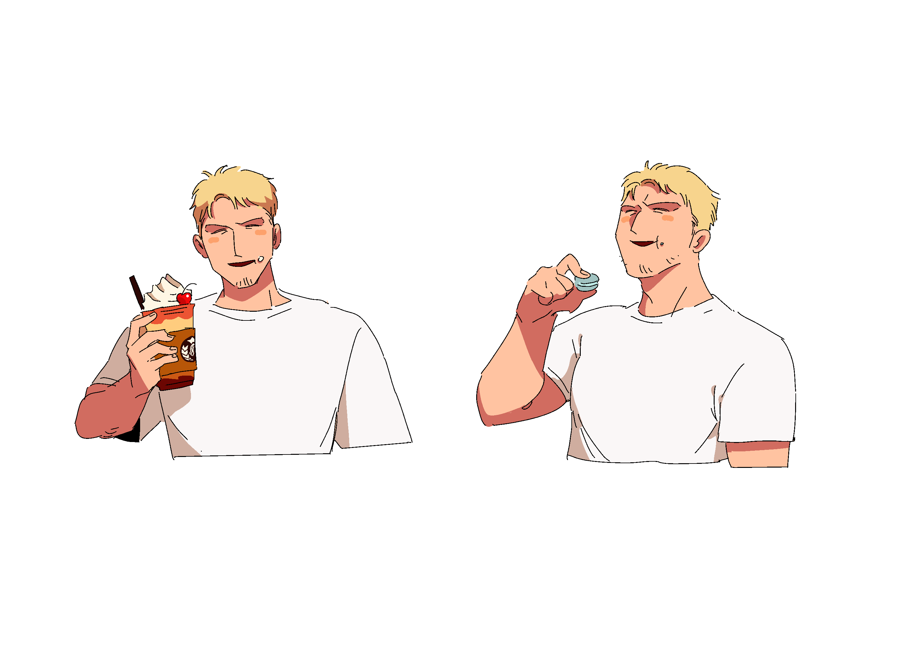 1boy, blonde_hair, blush_stickers, cheek_bulge, cropped_torso, eating, facial_hair, food