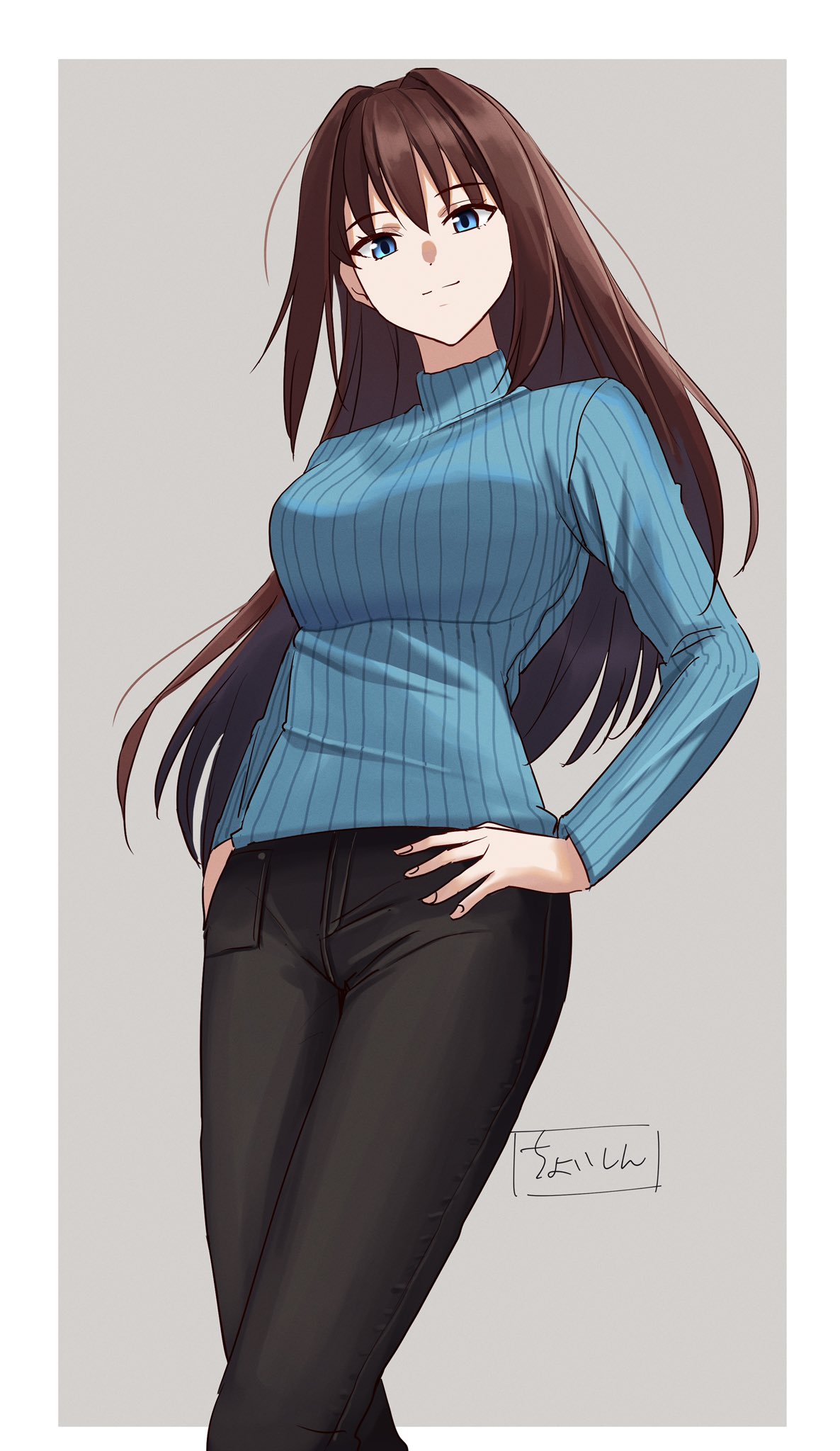 1girl, aozaki_aoko, black_pants, blue_eyes, blue_sweater, brown_hair, commentary, hair_intakes