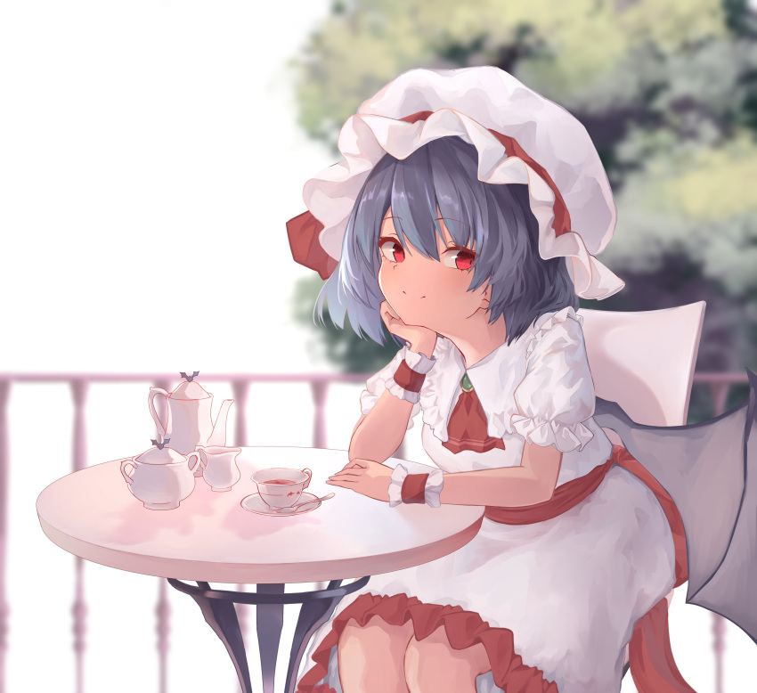 1girl, absurdres, cup, day, dress, feet_out_of_frame, grey_hair, highres
