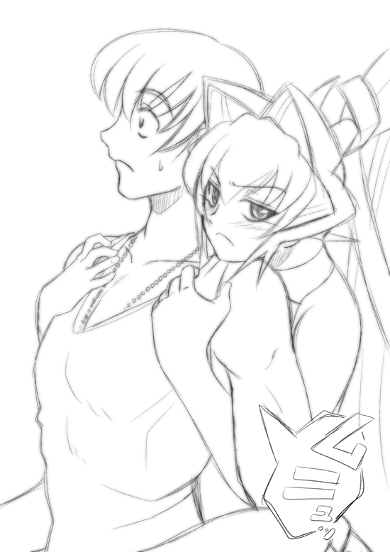 1boy, 1girl, bead_necklace, beads, blush, frown, greyscale, hair_intakes