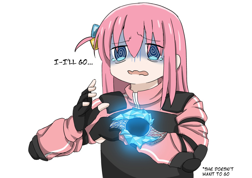 1girl, @_@, absurdres, black_gloves, black_vest, blue_eyes, bocchi_the_rock!, clenched_hand