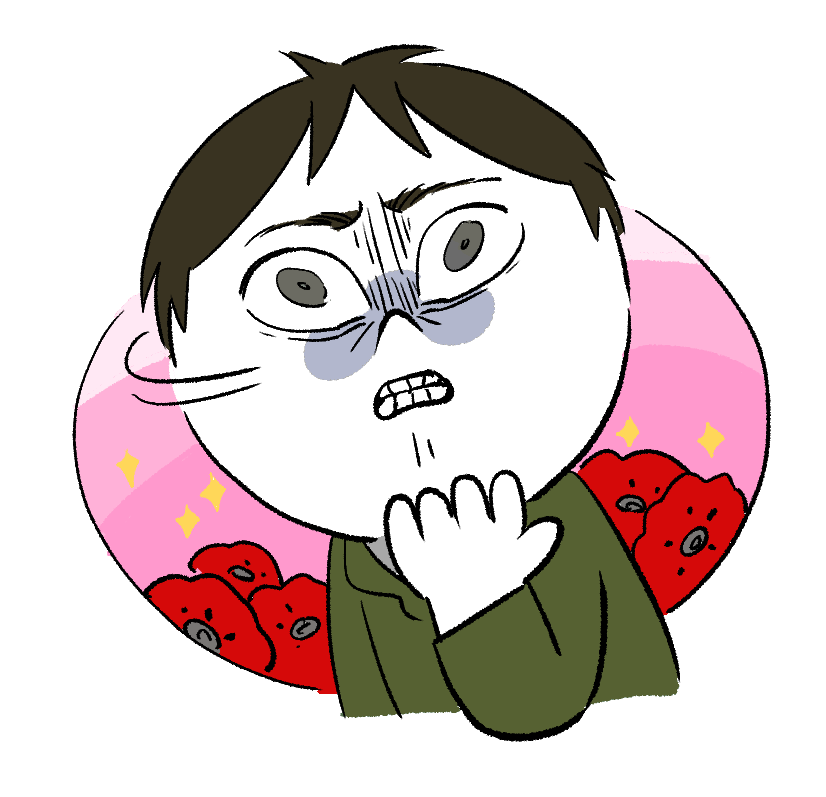 1boy, clenched_teeth, cropped_torso, emoji, eren_yeager, floral_background, hand_up, line_(naver)