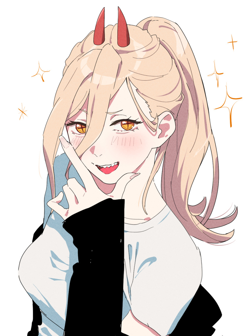 1girl, alternate_hairstyle, black_jacket, blush, breasts, chainsaw_man, collarbone, cross-shaped_pupils, demon_girl, demon_horns, hand_on_own_chin, high_ponytail, highres, horns, ikanyoikanikan, jacket, looking_at_viewer, medium_breasts, off_shoulder, open_mouth, power_(chainsaw_man), red_horns, sharp_teeth, shirt, simple_background, solo, symbol-shaped_pupils, t-shirt, teeth, upper_body, white_background, white_shirt, yellow_eyes