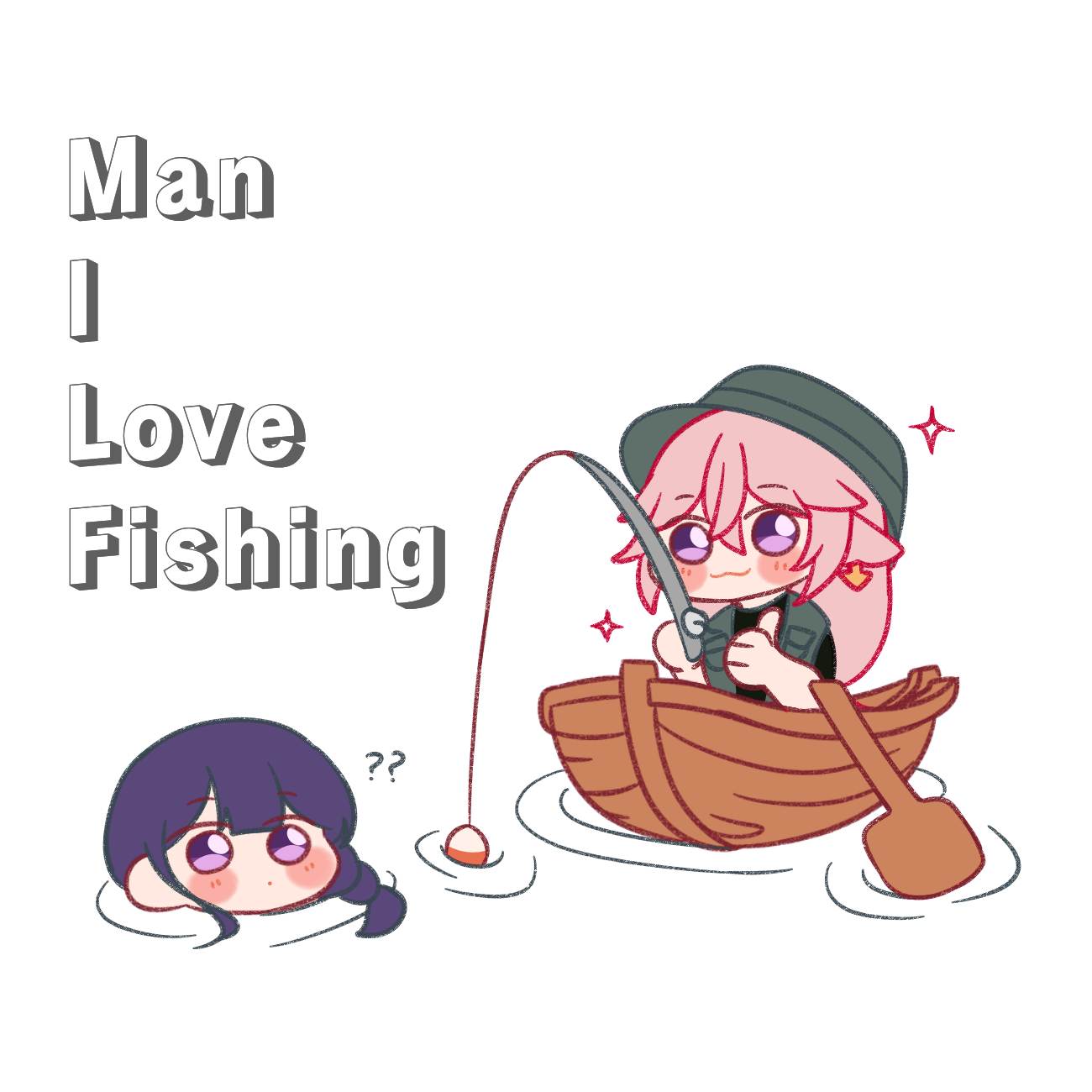 2girls, ?, ??, animal_ears, boat, braid, braided_ponytail, commentary, eimikodoodles, english_commentary, english_text, fishing, fishing_rod, floppy_ears, fox_ears, genshin_impact, green_headwear, highres, holding, holding_fishing_rod, long_hair, meme, multiple_girls, outdoors, pink_hair, purple_hair, raiden_shogun, violet_eyes, watercraft, women_want_me_fish_fear_me_(meme), yae_miko, yuri