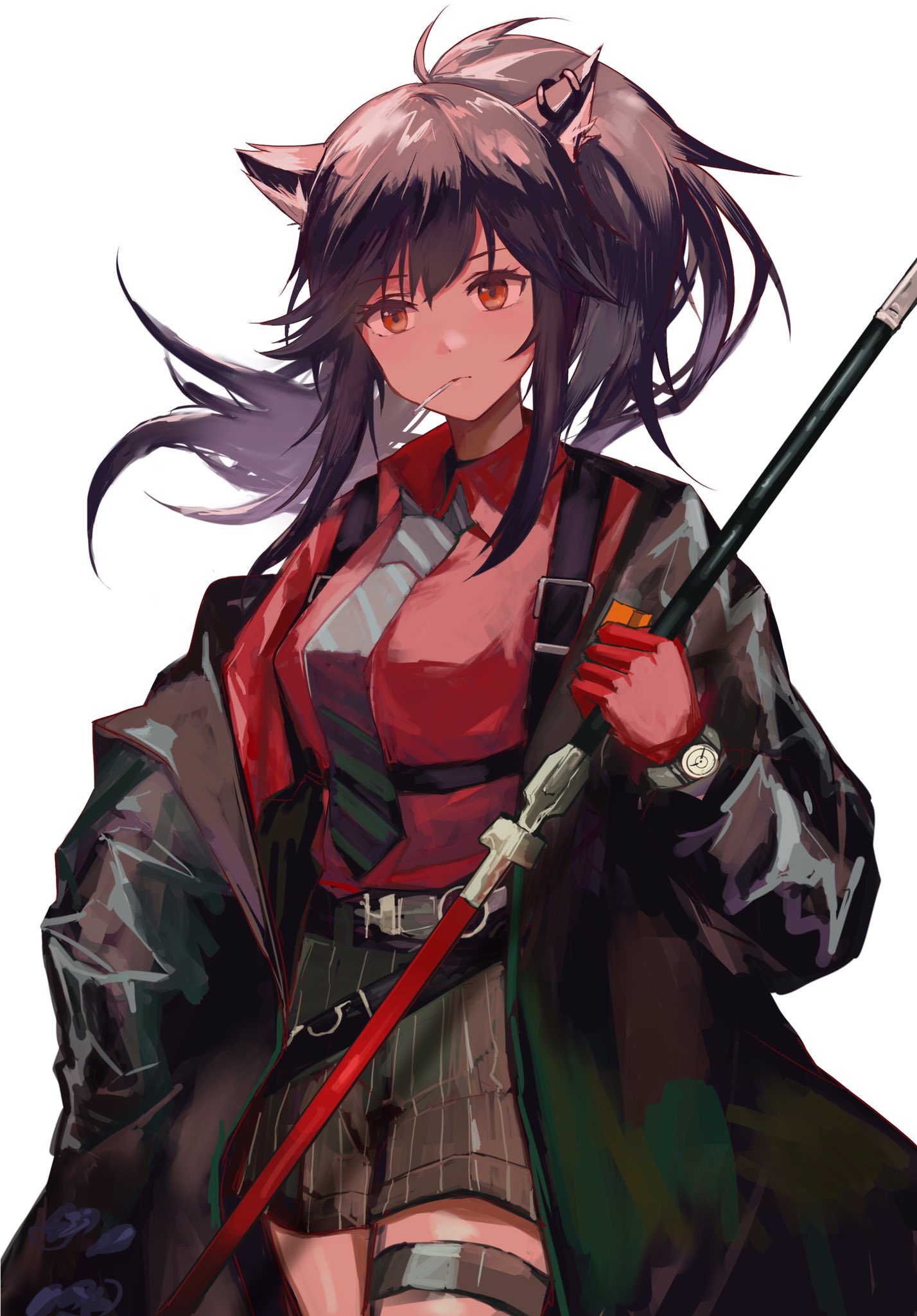 1girl, animal_ears, arknights, belt, black_hair, black_jacket, black_necktie, black_shorts
