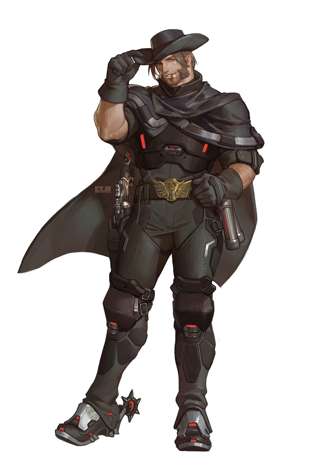1boy, armor, armored_boots, belt, black_belt, black_gloves, black_pants, blackwatch_cassidy