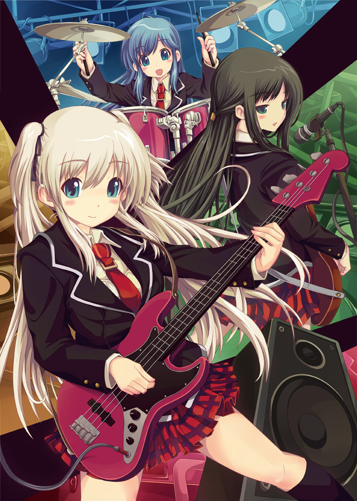 black_hair, blonde_hair, blue_eyes, blue_hair, blush, drum, green_eyes, guitar