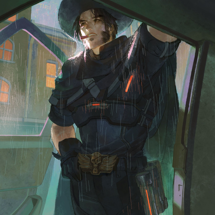 1boy, armor, beard, belt, black_belt, black_gloves, black_hair, black_pants