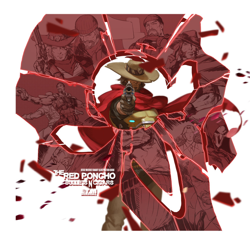 2boys, aiming, armor, brown_gloves, brown_hair, brown_pants, brown_shirt, cassidy_(overwatch)