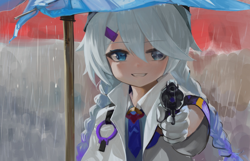 1girl, aiming_at_viewer, blue_archive, blue_eyes, blue_hair, blue_necktie, blue_shirt, blue_umbrella