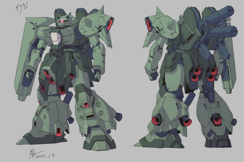 arms_at_sides, clenched_hands, commentary_request, dated, glowing, glowing_eye, grey_background, gundam, highres, homare_(fool's_art), mecha, mobile_suit, moon_gundam, multiple_views, no_humans, one-eyed, red_eyes, robot, science_fiction, shoulder_spikes, signature, simple_background, spikes, standing, thrusters, turnaround, zaku_iv