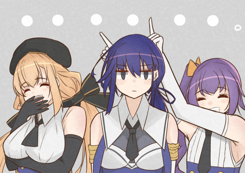 ..., 3girls, :d, arm_under_breasts, arms_up, assault_lily, bare_shoulders, beret